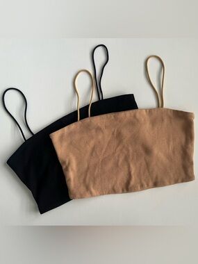 SHEIN Black and Camel Ribbed Tube Crop Tops - 2 Pack
